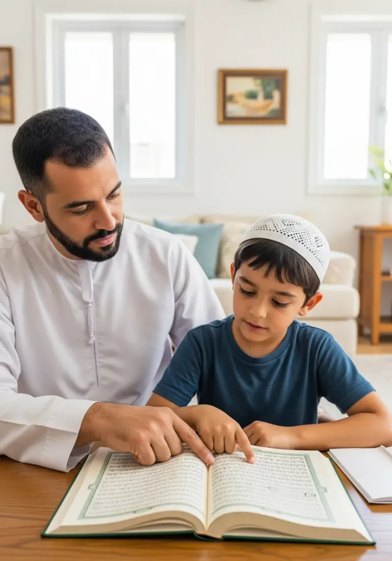 أب يعلّم ابنه في المنزل