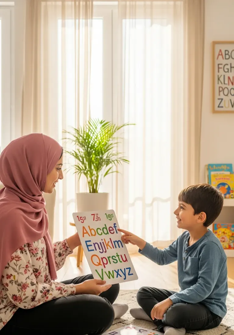 معلمة محجبة تعلّم طفلاً باستخدام بطاقة الحروف